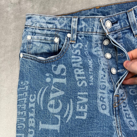 Levis 501 Jeans Women 28x28 Blue Graphic Print Straight Button Fly Western Denim - Picture 6 of 15